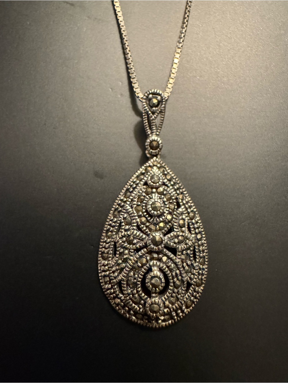 Sterling Silver Marcasite Teardrop Pendant Necklace
